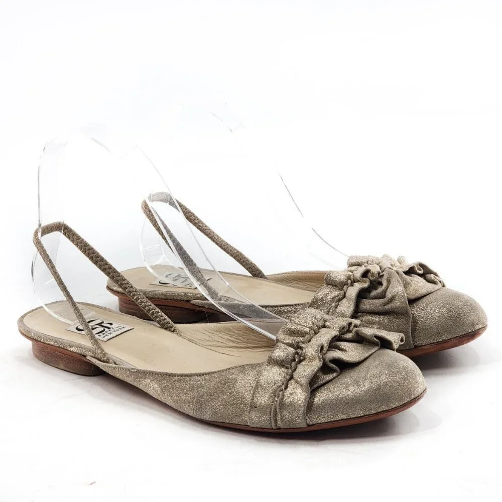 BARNEYS NEW YORK COOP Ruffle Gold Leather Slingback Flat Sandals - Picture 3 of 6